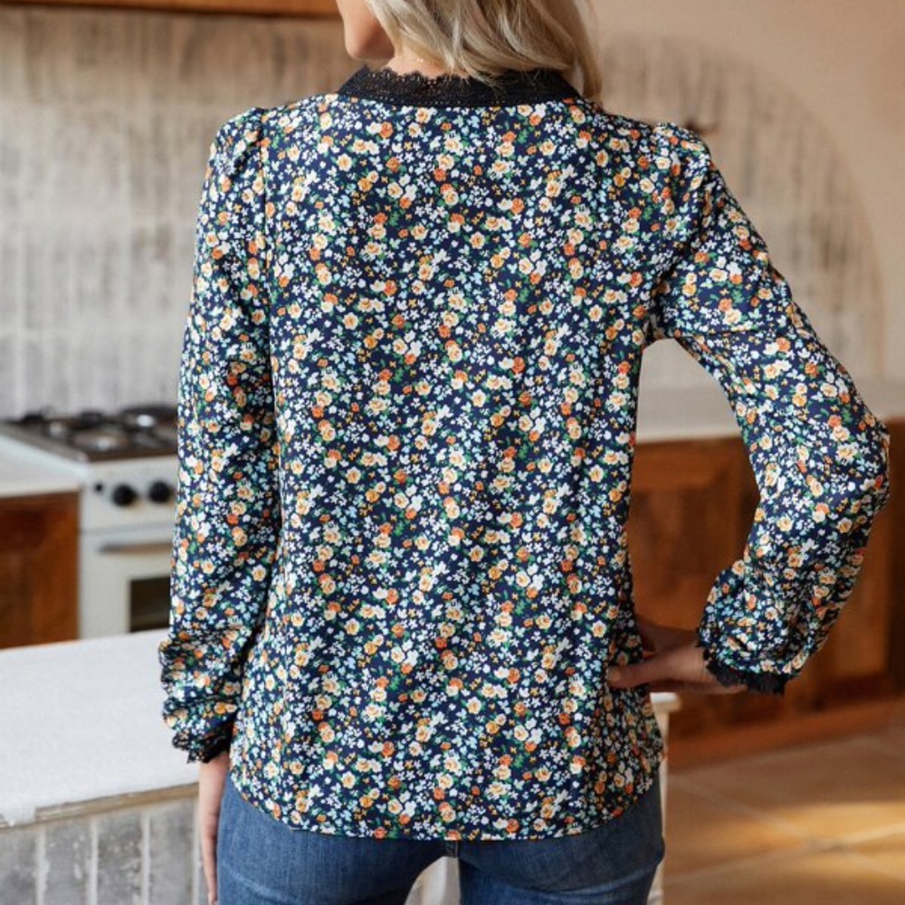 Bohemian Floral Print Lace V neck Top Cottagecore - Picture 2 of 3
